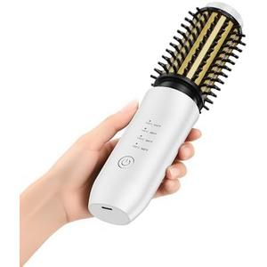 Cordless Curling Iron Brush, 1.5 Inch Mini Travel Hair Curler with 200 Million Negative Ions, Portable Heated Round Straightener Brush Rechargeable for Curl, Touch-Up, De-Frizz, Styling, White