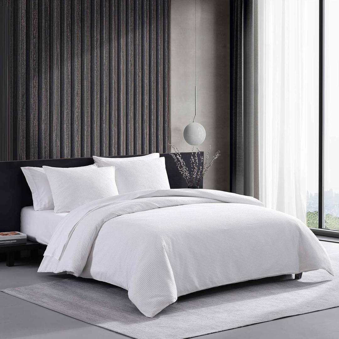 Vera Wang - Queen Comforter Set, Luxury Cotton Bedding with Matching Shams, Medium Weight & Ideal for All Seasons (Waffle Pique Queen, White)