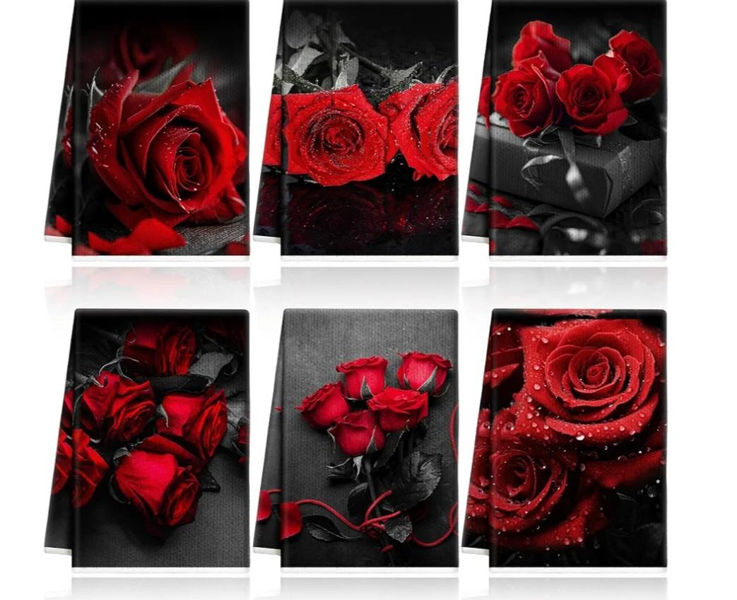 Breling Valentine's Day Red Rose Kitchen Towels Set of 6 Vintage Flowers Dish Towel Bathroom Decorative Rustic Tea Cloths for Valentine Kitchen Bathroom Home Decoration, 14 x 21 Inch