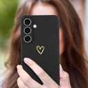 Compatible with Samsung Galaxy S25 Plus Case for Women Girls, Cute Gold Love Heart Pattern with Wrist Hand Holder Stand Slim Soft Silicone Kickstand Protection Cover (Black)