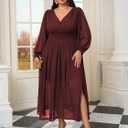SCOMCHIC Womens Plus Size Formal Dresses Chiffon Wedding Guest Long Sleeve V Neck Smocked Flowy Slit Maxi Dress (Burgundy)