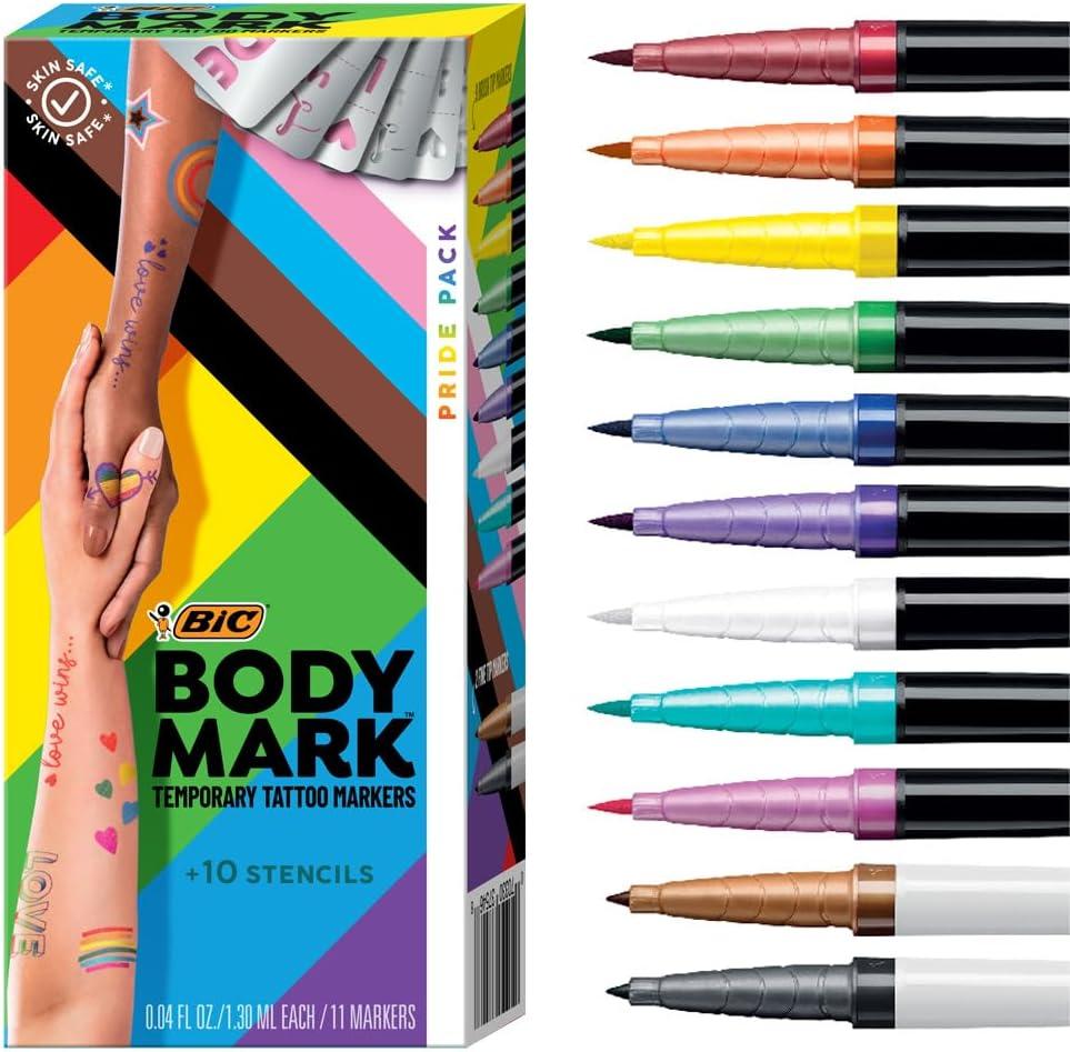BIC BodyMark Temporary Tattoo Markers for Skin, Pride Pack, Flexible Brush Tip, 11-Count Pack of Assorted Colors, Skin-Safe, Cosmetic Quality, Unique Gifts