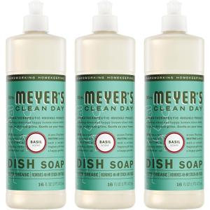 MRS. MEYER'S CLEAN DAY Liquid Dish Soap, Basil Scent, 16 Fl Oz Bottle - 3 Pack