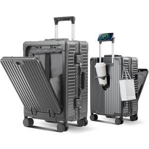 Carry on Luggage Aluminum Frame with Cup Holder, Top opening Suitcases and USB Charging Port, Lightweight with Front Pocket Rolling Suitcases with Spinner Wheels (Gray, 20Inch(N))