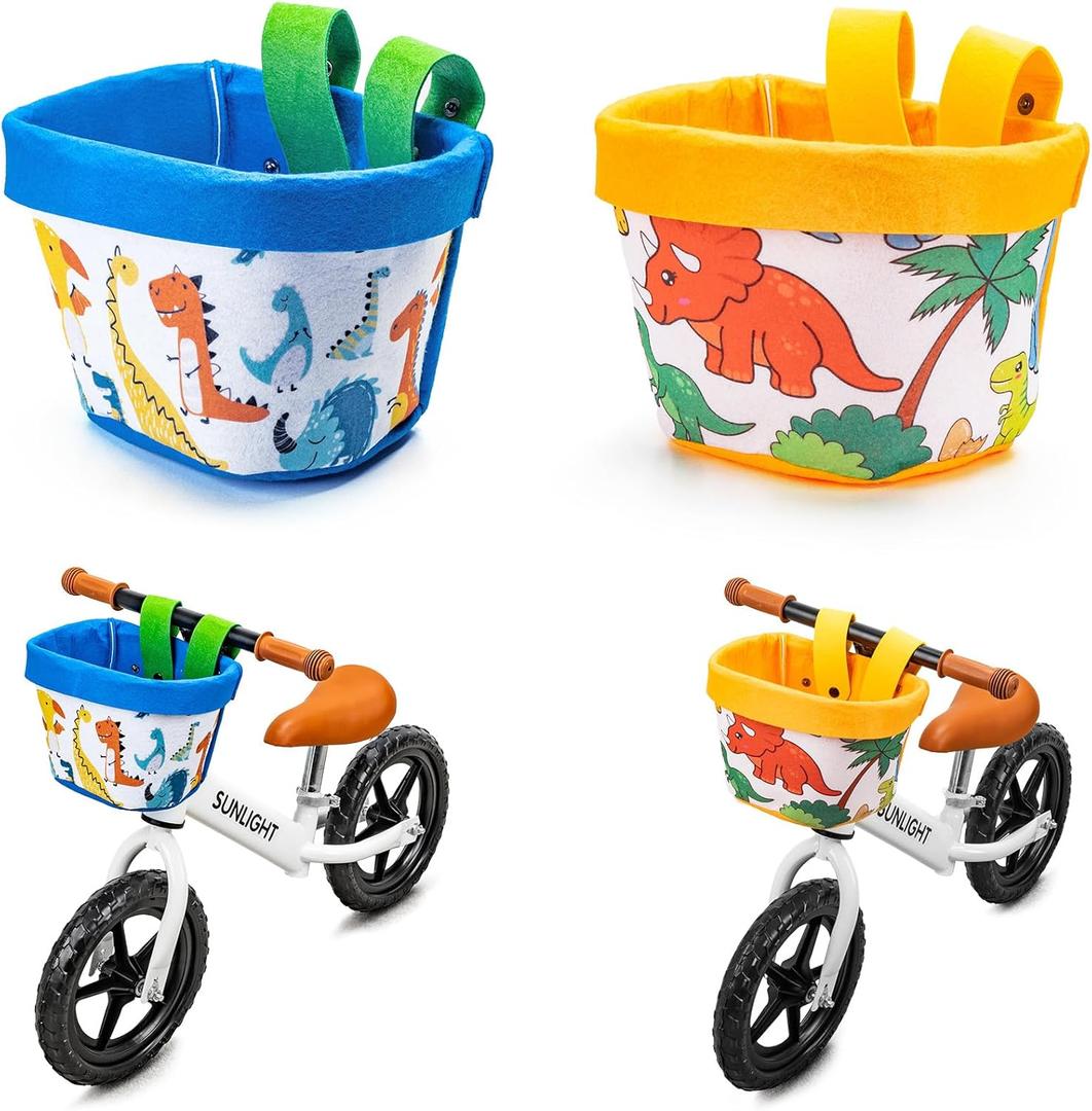 2PCS Kids Bike Basket Front, Cute Scooter Bag, Front Frame Handlebar Bag with Adjustable Straps Fit Most Toddlers Bike, Balance Bikes and Scooter (Dinosaur)