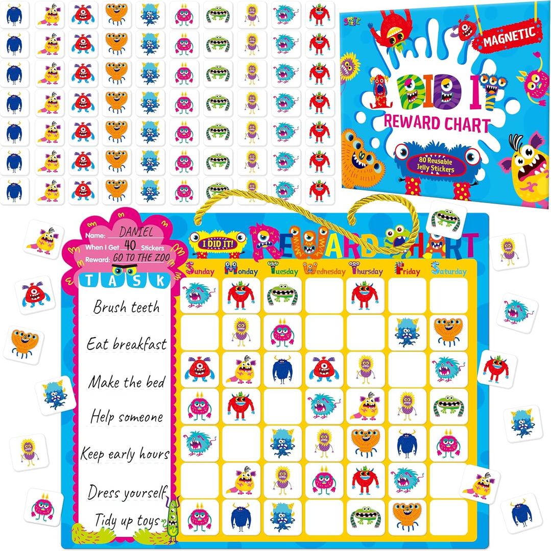 2 x Magnetic Daily Chore Chart, Dry Erase Task Board-One Chart & 80 Jelly Stickers, Behavior Reward Chart System Monster-Themed Behavior Tracker for Kids Daily Routine, Potty Training