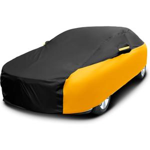 Riakrum Full Car Cover Waterproof All Weather for Automobiles Windproof Cover Rain UV Protection Sun Scratch Resistant Outdoor Universal(Fit XL SUV Length (191-205''),Black, Orange)