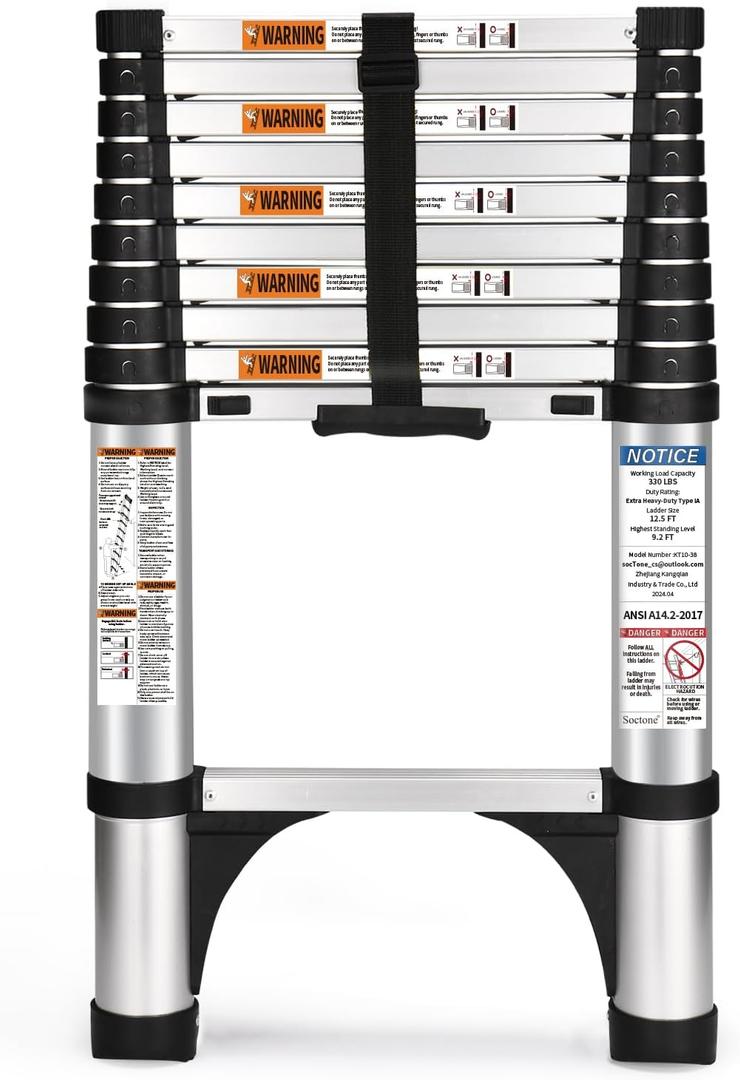 Soctone Telescoping Ladder, 10.5 FT Button Retraction Aluminum Extension Ladder with 2 Triangle Stabilizers, Multi-Purpose Ladder with Slow Down Design, 330lbs Max Capacity for House Daily Life (10.5FT ( A Button ))