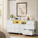 SONGMICS BELLAH Collection - Dresser for Bedroom with Outlets and LED Lights, TV Stand for TVs Up to 65 Inches, Chest of Drawers, 8 Drawers, Steel, Modern, Cloud White ULGS434WH02S, 13.8"D x 57.8"W x 26.8"H