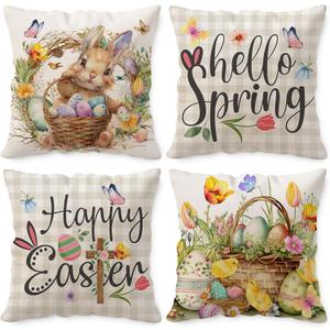 Easter Pillow Covers 16x16 Set of 4 Easter Throw Pillow Covers with Bunny and Eggs Spring Home Decor Buffalo Check Plaid Pillowcase Square Cushion Covers for Sofa Bed Couch
