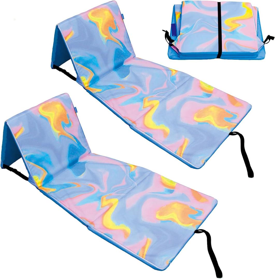 Colored Portable Beach Chair with Back Support, Folding Lounge Chair for Adults Adjustable Beach Mat Lightweight Tanning Chair for Outdoor Sand Camping Sunbathing, 2 pcs