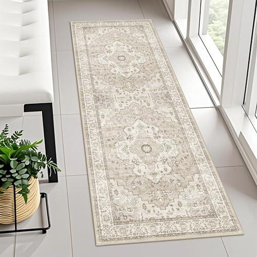 Washable Hallway Runner Rug - Non Slip Kitchen Rugs Beige Farmhouse Vintage Carpet for Living Room Bedroom Bathroom Soft Stain Resistant Runners Durable Indoor Low Pile Home Decor (2x 3 Beige)