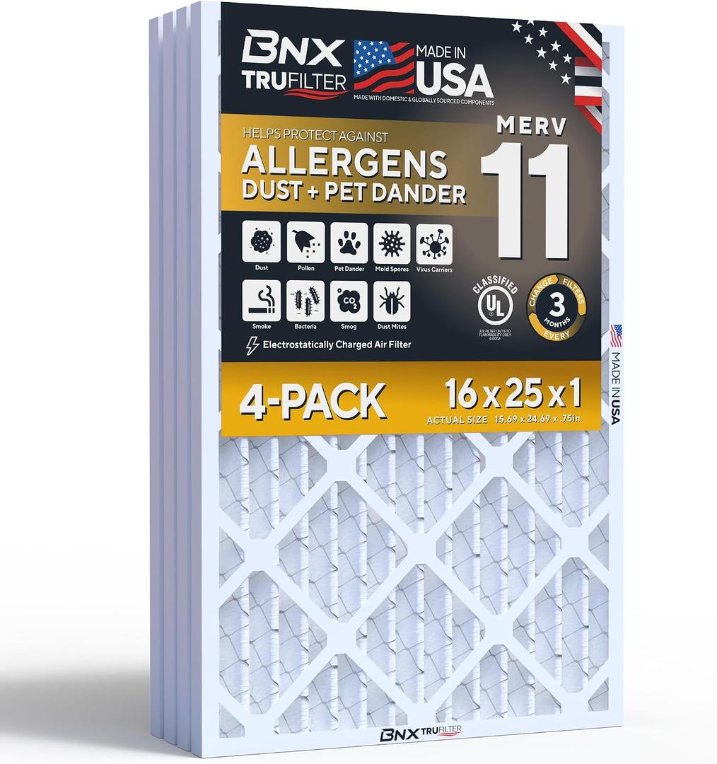 BNX TruFilter 16x25x1 Air Filter MERV 11 Allergy, Dust & Pet Defense 4-Pack