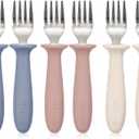 6 Pieces Toddler ForksKids Safe Utensils Set with Silicone Round Handle for Self Feeding18/8 Stainless Steel Baby ForksChildren's Silverware Set BPA Free, Dishwasher Safe
