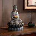 GOSSI Tall Indoor Tabletop Buddha Fountains Desk Water Fountain Sitting Buddha Fountain Zen Fountain w/ Reflective Lighting/Cobblestone Office and Home Decor, Yellow (20124), 7.87*7.87*11.2''