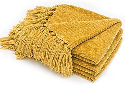 RECYCO Throw Blanket Soft Cozy Chenille Throw Blanket with Fringe Tassel for Couch Sofa Chair Bed Living Room Gift (Mustard Yellow, 60'' x 80'')