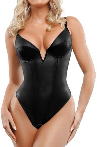 Popilush Body Suits for Womens Tummy Control - Faux Leather Bodysuit Deep V Neck Thong Sleeveless Corset Tank Top, Large