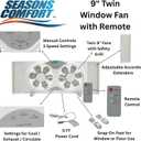 Seasons Comfort 9" Twin Window Fan, 3-Speed, Quiet Design, Portable, Remote Control, ETL Listed, Adjustable Extensions - Ideal for Home, Kitchen, Bedroom & Office, 12.99"H x 23.23"W x 6.5"D