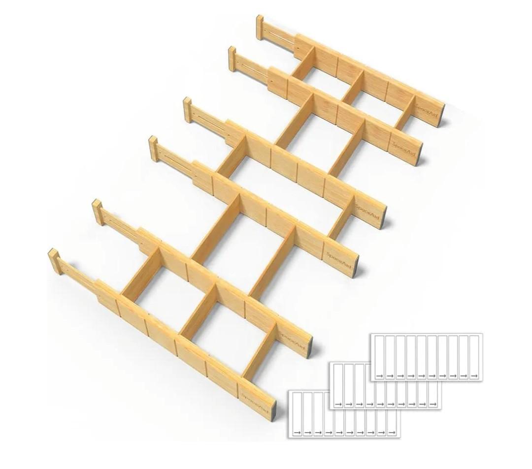 SpaceAid Bamboo Drawer Dividers with Inserts and Labels, Kitchen Adjustable Drawer Organizers, Expandable Organization for Home, Office, Dressers and Bathroom, 6 Dividers with 12 Inserts (17-22 in)