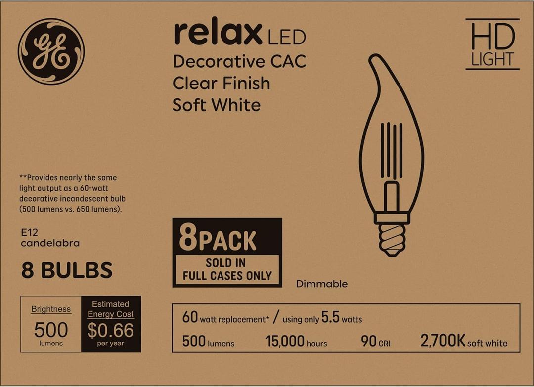 GE Relax LED Light Bulbs 60W, Soft White Candle Lights, Clear Decorative Light Bulbs, Small Base (8 Pack)