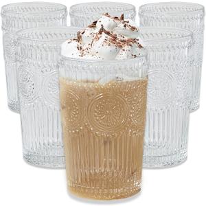 Kate Aspen Vintage Textured Clear Striped Drinking Glasses Set of 6, (13 oz) Ribbed Glassware Set with Flower Design | Cocktail Set, Glass Cups, Iced Coffee Cup Kate Aspen Vintage Textured Clear Striped Drinking Glasses Set of 6, (13 oz) Ribbed Glassware Set with Flower Design | Cocktail Set, Glass Cups, Iced Coffee Cup
