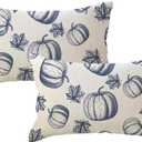 3 x Fall Pumpkins Throw Pillow Covers 18x18 with Maple Leaves Farmhouse Autumn Harvest Thanksgiving Decorative Lumbar Pillowcases Seasonal Decor Cushion Covers 2Pack for Sofa/Couch/Porch (Blue)