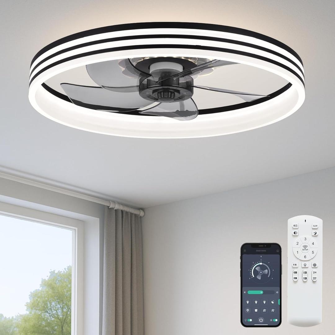 20 Ceiling Fan with Light, Upgraded Low Profile Fan, Flush Mount Ceiling Fan, 6 Speeds, Dimmable LED, App & Remote Control, Quiet DC Motor, for Bedroom, Living Room, F118 Black