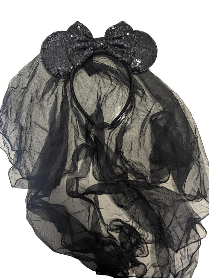 CLGIFT Bride Minnie Ears Headband with White Veil, Honeymoon Ears for Wedding and Bachelorette Party (Black & Black)