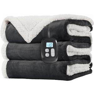 LaffyLo Electric Heated Blanket Full Size 72 x 84, Fast Heating Blanket, Dual-Sided Flannel Sherpa, 10 Heat Settings, 1-12 Hour Auto Off, Machine Washable, Dark Grey