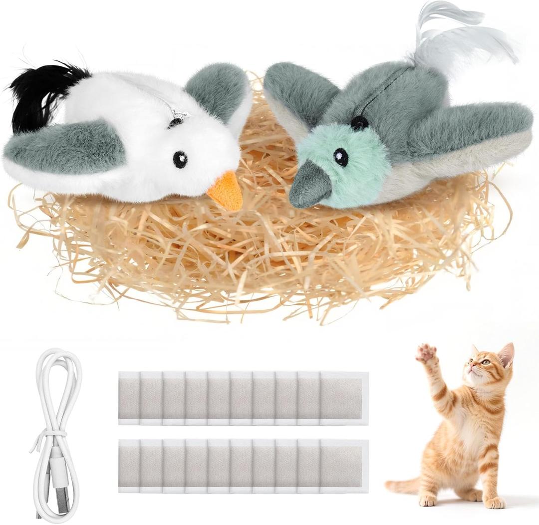 2 PCS Cat Toys, Flapping Bird Cat Toy(No Flying), Interactive Catnip Toy with Catnip Bags, Chirping Enrichment Moving Wings Dog Cat Kitten Toys, Flappy Flying Pets Toy for Indoor(Pigeon&Seagull)