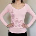 Y2k V Neck Floral Tops Women Fairy Grunge Vintage Long Sleeve Top 2000s Emo Graphic Cute Cloth, M