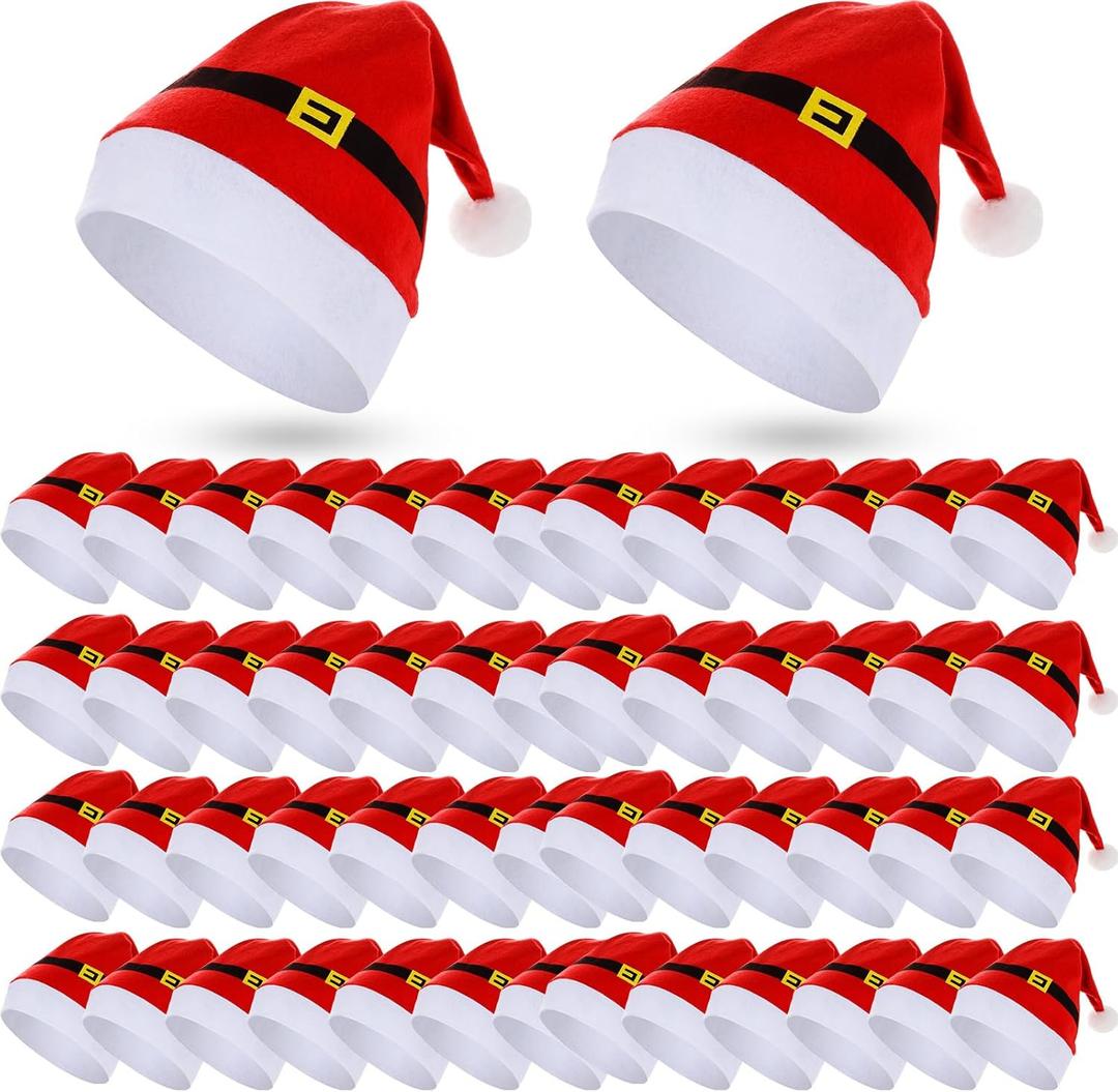 Vicenpal 50pcs Santa Hats Bulk 11.81 x 15.75 Inch Christmas Hat with Fuzzy Pom for Adult Teens Xmas Holiday Party Decor