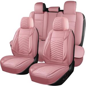Car Seat Covers Full Set,Breathable and Waterproof Automotive Leather Vehicle Cushion Covers,Universal Anti-Slip Seat Covers for Most Cars SUV Truck Sedan(Style1,5 PCS Full Set,Pink)