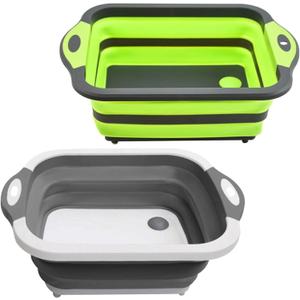 SSKT Pack of 2 Collapsible Cutting Board Multifunctional Kitchen Sink Tub Basin with Drain, Chopping Board & Washing up Bowl Space-Saving & Portable for Kitchen, Camping, RV, & Outdoor Use, 16.7"L x 12.2"W