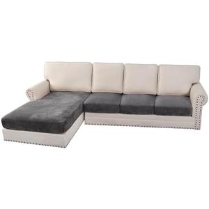 H.VERSAILTEX Velvet Stretch Sectional Sofa Covers - 4 Piece Seat Cushions for L Shape Sectional Couch (Large 3 Seater + 1 Chaise, Grey)