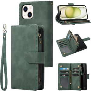 RANYOK Wallet Case for iPhone 15 (6.1 inch) with RFID Blocking Credit Card Holder, Premium PU Leather [Zipper Pocket] Flip Folio Wallet with Wrist Strap Kickstand Protective Case (Black Green)
