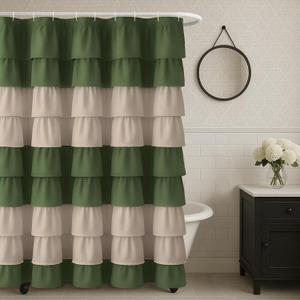 Seasonwood Ruffle Shower Curtain Green and Beige Shower Curtain Farmhouse Vintage Handcrafted Rustic Decorative Fabric Shower Curtains Natural Bathroom Curtain 72 X 72inch
