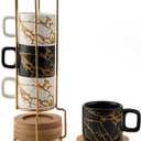 LUKA Porcelain Espresso Cup with Saucer and Metal Stand, 4 Ounce Stackable Ceramic Demitasse Espresso Mugs Cups Set for Latte, Specialty Coffee Drinks, Cafe Mocha - Set of 4, White & Black