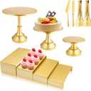 Gold Dessert Table Display Set, Metal Round Cake Pedestal Stands, Cupcake Fruit Candy Donut Risers Stands with Tong, Cake Knife and Server Set for Wedding, Birthday,Baby Shower, Party (7 Pack)