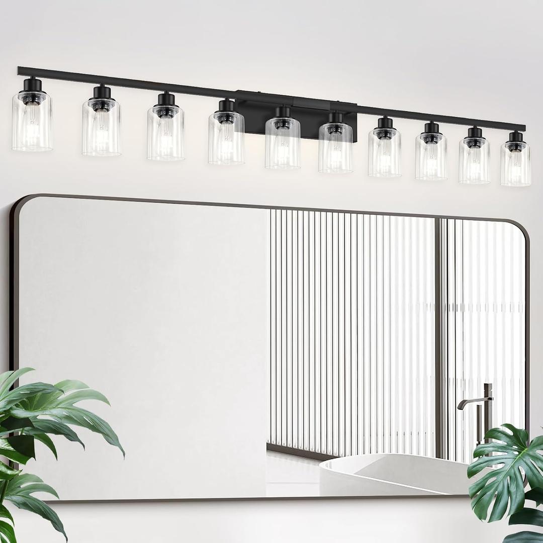10 Light Bathroom Vanity Lights Over Mirror, 65.4inch Black Vanity Lights Fixtures Matte Black Modern Vanity Lights Black Bathroom Wall Lighting for Mirror Bedroom,Living Room