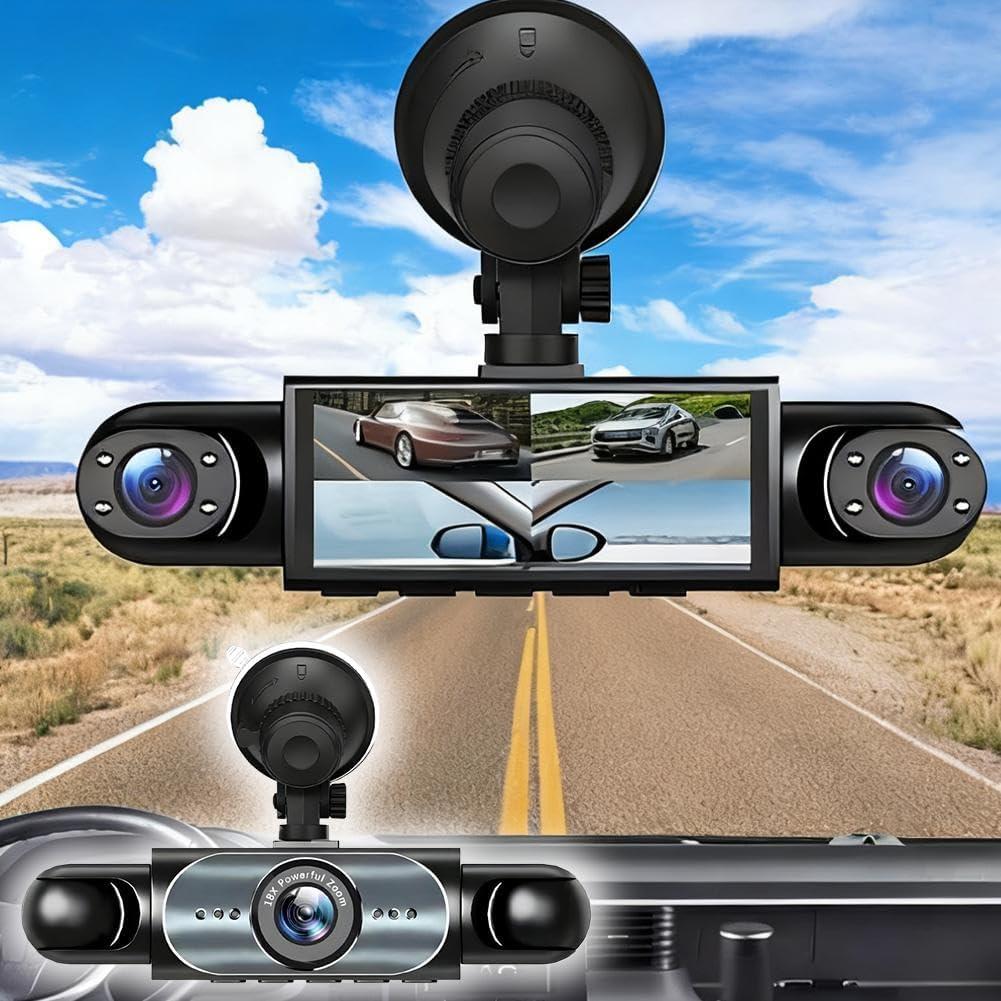360 Dash Camera Front and Rear Inside Left Right, 3.16 Inch 1080P Front and Rear Inside, Left Right Dash Camera for Cars, G-Sensor with 64GB Card, 24/7 Parking Mode (Black)