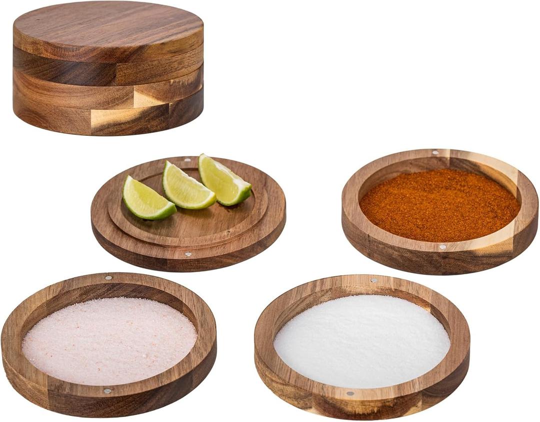 3-Tier Acacia Wooden Margarita Salt Rimmer Set,Salt&Sugar Rimmer for Cocktails Drinks,Cocktail Glass Rimmer Tools with Magnetic Swivel Lid for Bartenders,Home Bar,Parties
