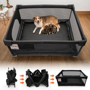 Foldable Whelping Box with Stainless Steel Rail - Stop Mom from Lying on the Pups 47x59x24inch Whelping Box for Dogs and Puppies Puppy Playpen Indoor Dog Cat Birthing Pen with Removable Waterproof Pad