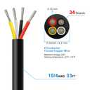 18 Gauge 4 Conductor Electrical Wire, 33FT 18AWG Black PVC Stranded Tinned Copper 4 Wire Cable, 18/4 Cord Extension Cable for LED Lamp Lighting, Automotive, Speaker, Audio, Power 