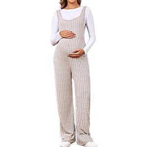 MakeMeChic Women's Maternity Jumpsuits Sleeveless Rib Knitted Straight Leg Overalls Romper (Medium, Apricot)