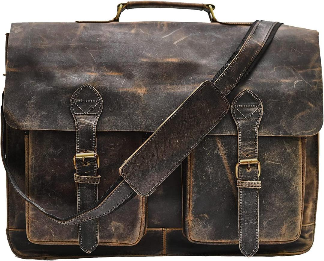 MaheTri Distressed Hunter Buffalo Leather Laptop Messenger Bag Office Briefcase Crossbody Travel Bag Office Bag 18"