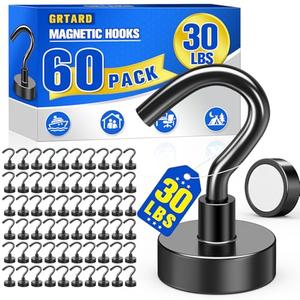 Grtard 60Pack Black Magnetic Hooks Heavy Duty, 30LBS Neodymium Magnet Hooks for Cruise, Strong Magnetic Hooks for Hanging, Magnets with Hooks for Home, Kitchen, Workplace, Office