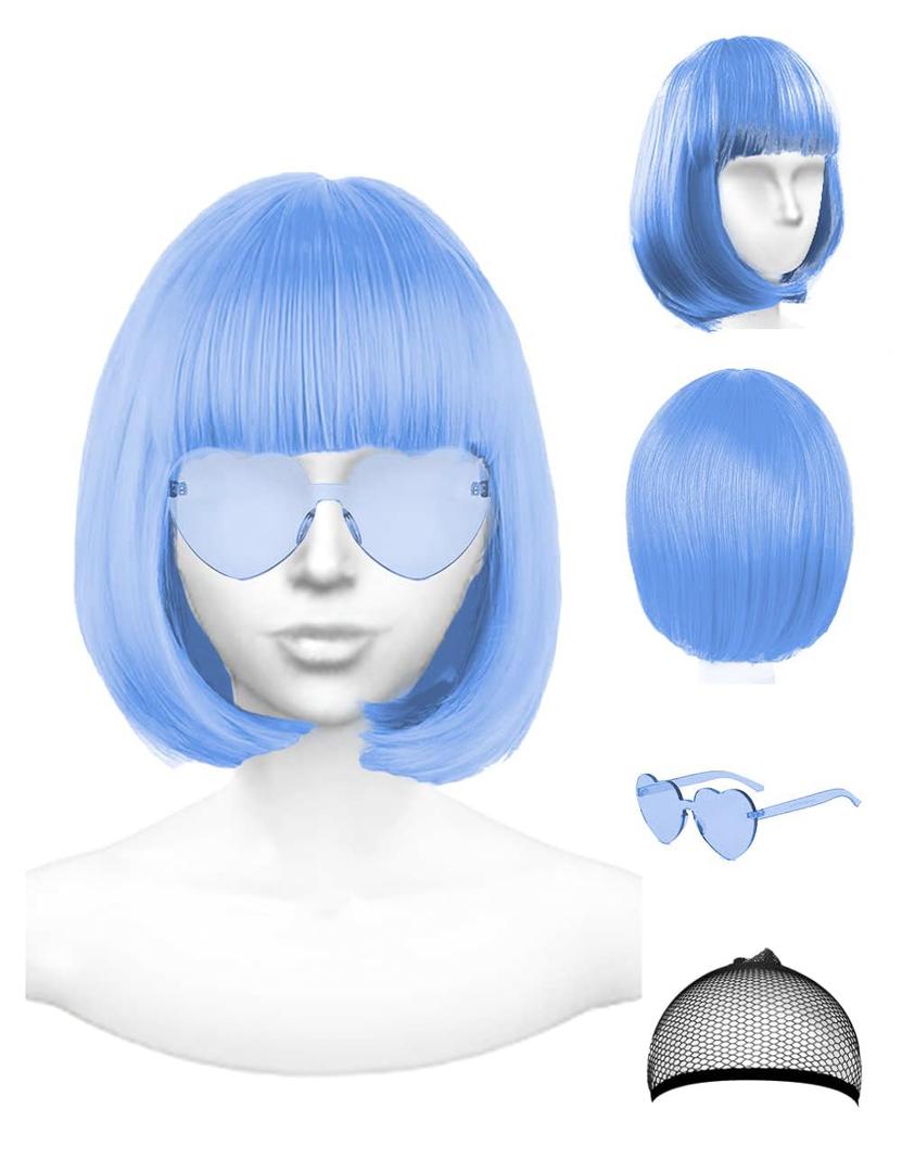 Light Blue Wig and Party Sunglasses, Cosplay Blue Wigs for Women Party Rainbow Wig with Neon Glasses Blue Wigs for Women - Bachelorette Party Wigs Decorations Favors (Ice Blue)