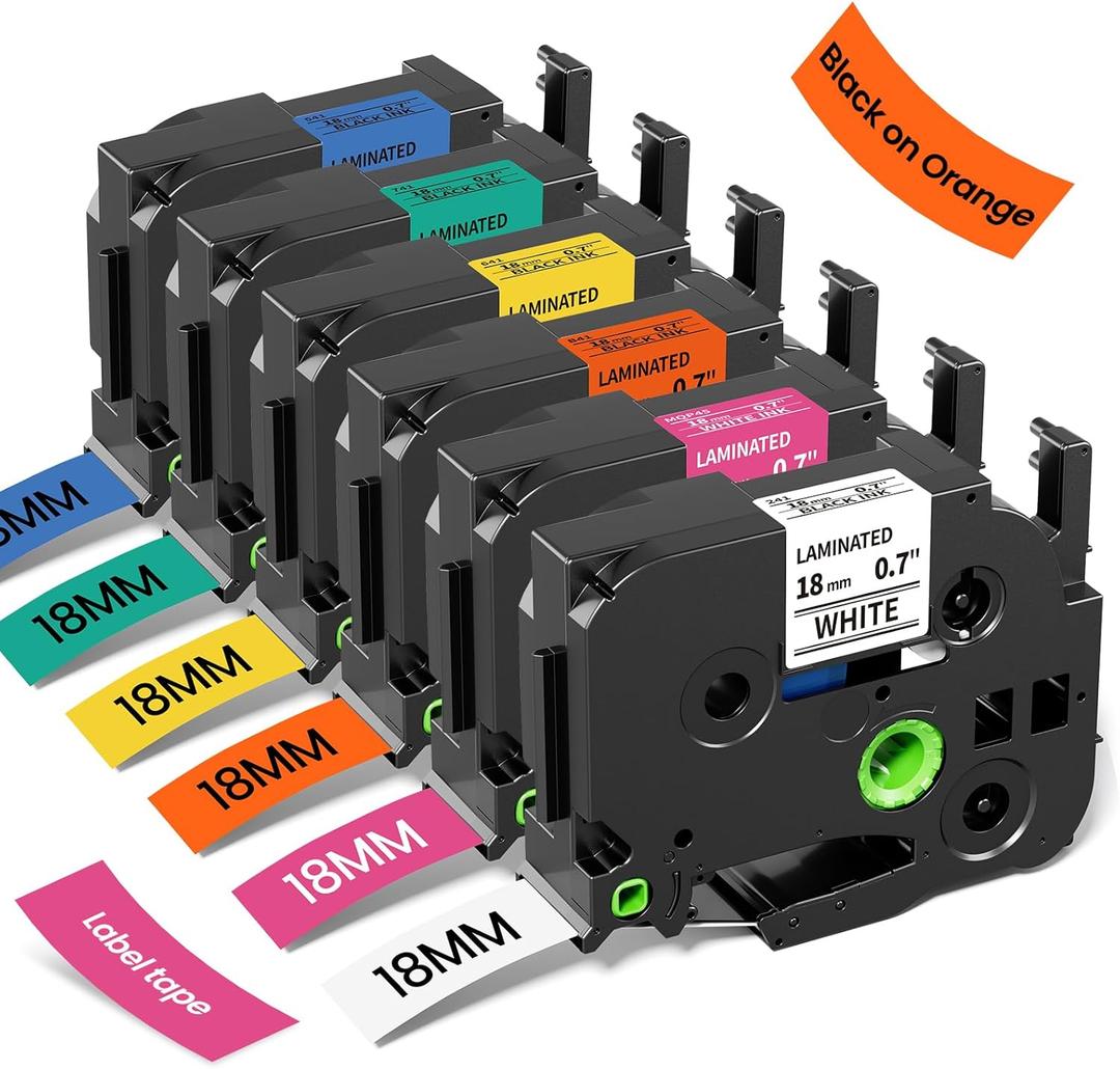 18mm Label Maker Tape Replacement for Brother P Touch Label Tape TZe TZ 18mm 0.7 Laminated, Compatible with PT-D410 D400 D460BT D600, White/Berry Pink/Orange/Blue/Yellow/Green, 3/4" x 26.2', 6-Pack