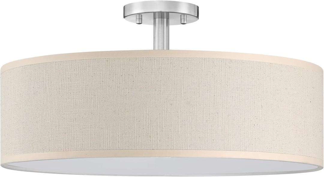 4 Light 18 Inch Semi Flush Mount Close to Ceiling Light Fixture,Off White Fabric Shade Brushed Nickel Finish for Bedroom,Living Room,Dining Room Hallway